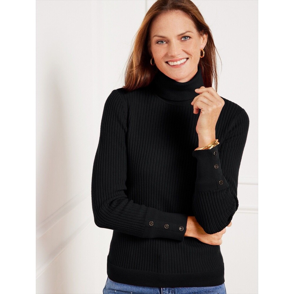 Talbots Black Ribbed Turtleneck Sweater Gold Button Sleeve